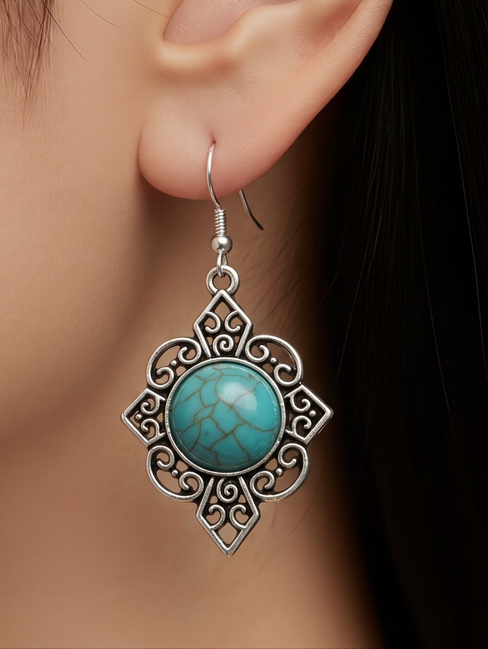 Turquoise Blue Filigree Earrings Silver Boho Southwestern Medallion Aqua Dangle